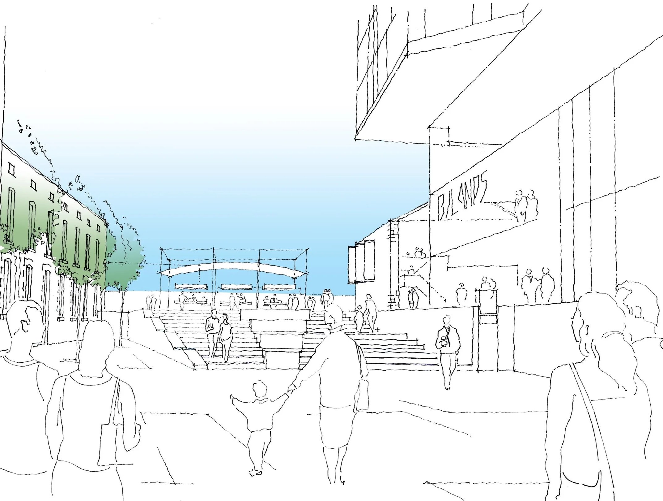 People walking and socializing in an outdoor urban space with stairs, trees, and modern buildings, in a daytime setting.