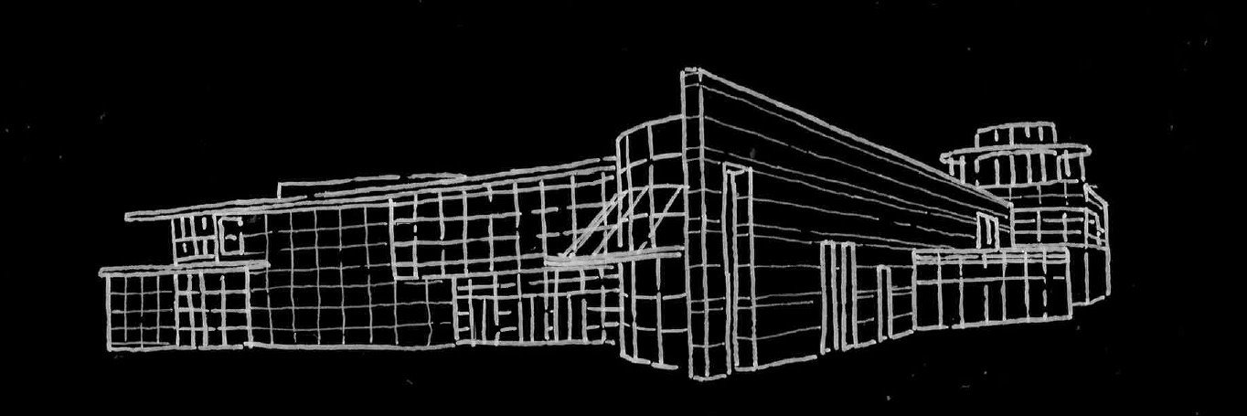 Line drawing of a modern multi-story building with glass windows on a black background.