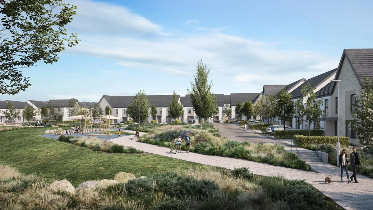 Illustration of a residential neighborhood park with walking paths, a playground, trees, and parked cars, with modern houses in the background and people walking and children playing.