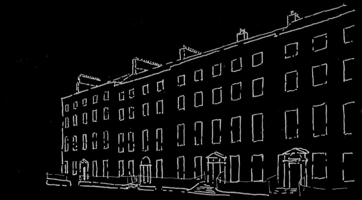 Outline sketch of a multi-story brick apartment building with entrances and stairs at ground level, against a black background.
