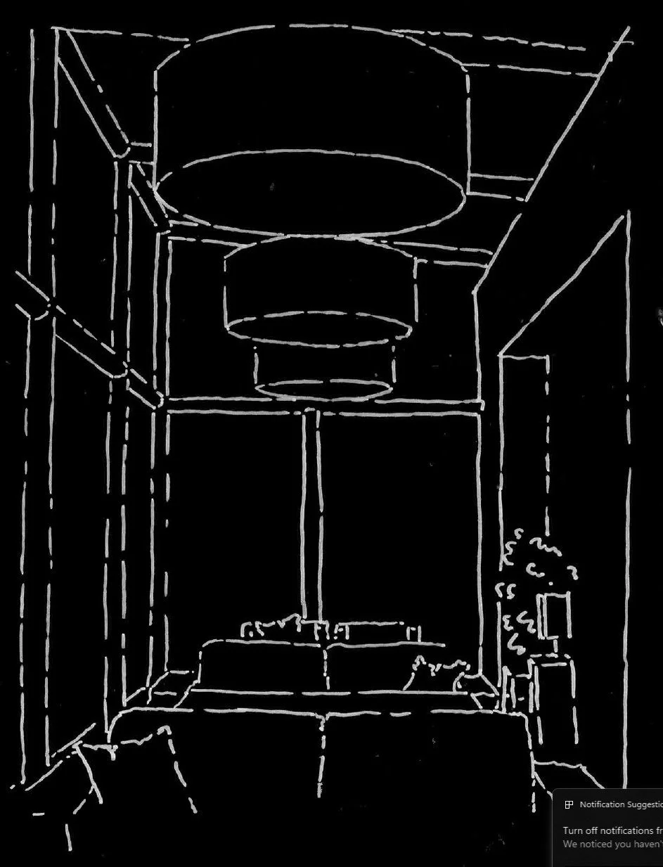Sketch of a living room with a ceiling light fixture, couch, side table, and plants, drawn with white lines on a black background.