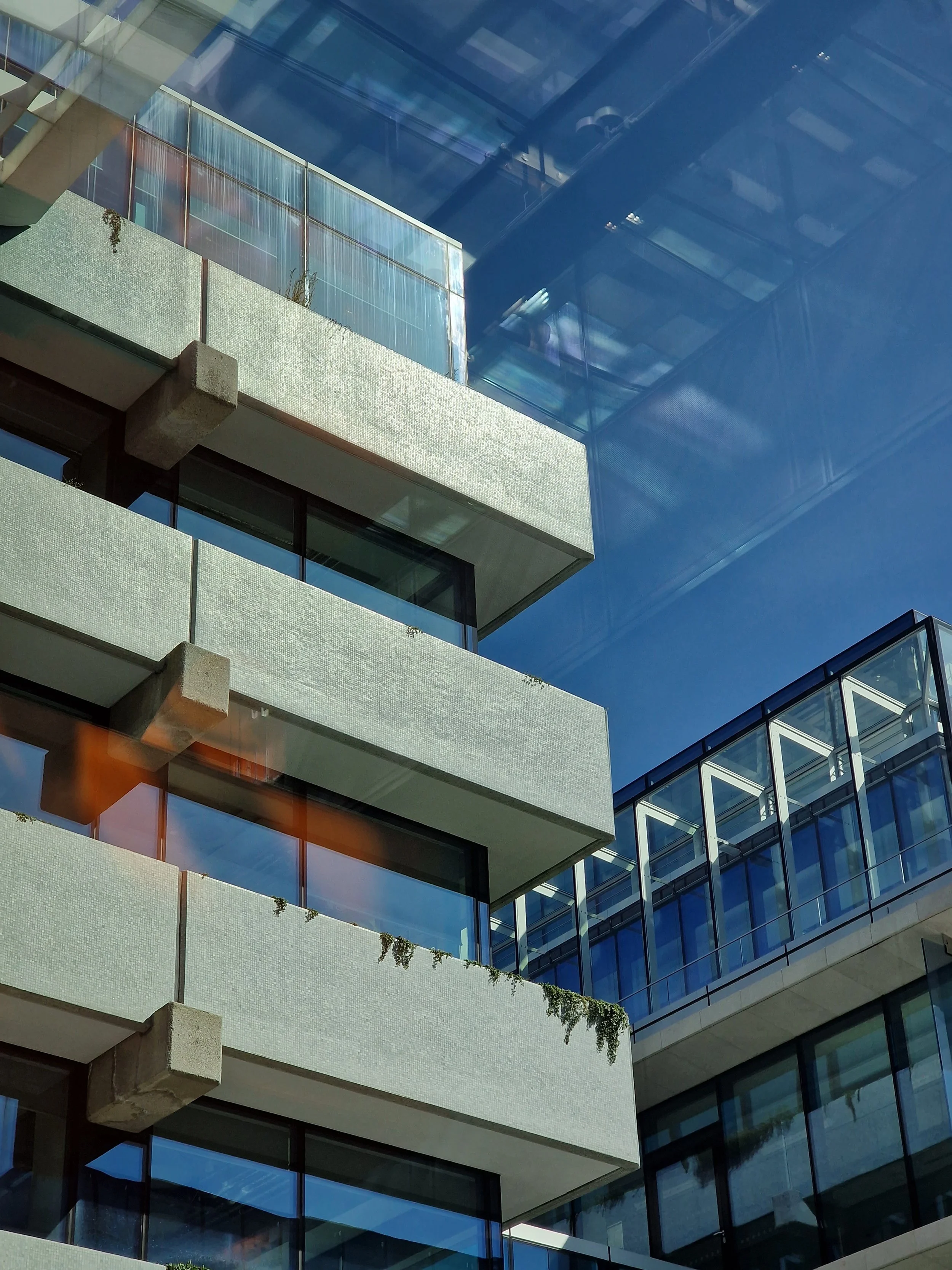 Close-up view of modern apartment building with balconies, glass windows, and a blue sky reflecting off the glass surfaces.