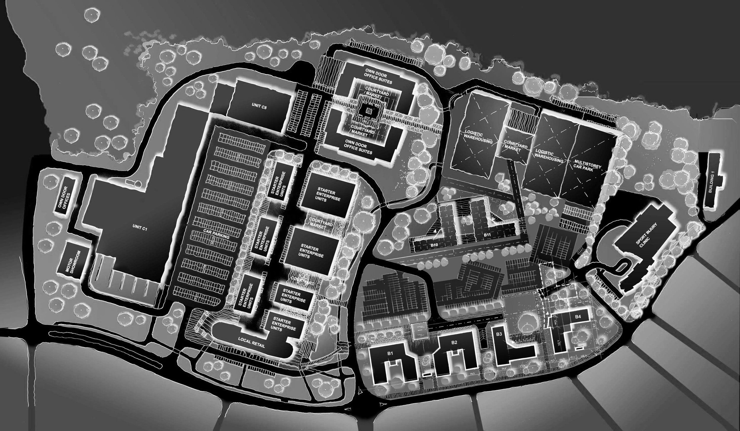 A detailed architectural site plan showing various buildings, parking lots, roads, and landscaped areas with labels for different units, warehouses, retail spaces, clinics, and other facilities.