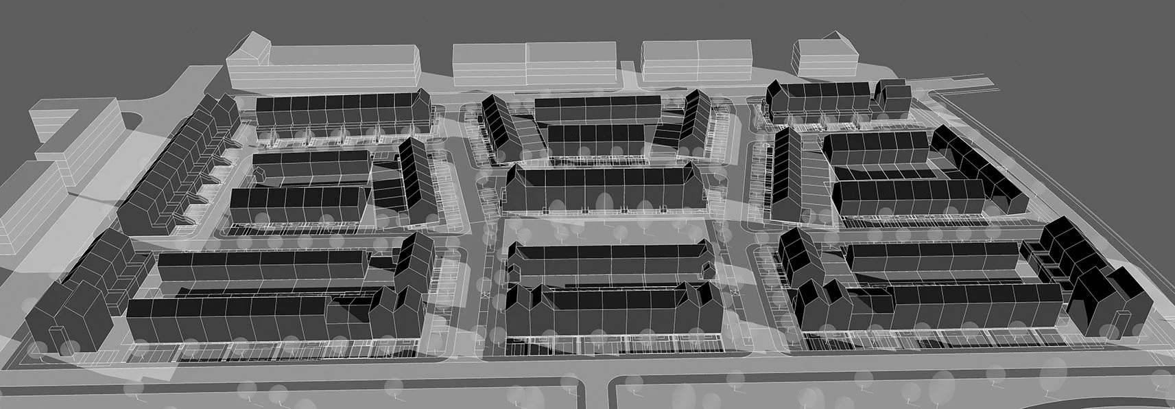 A grayscale digital rendering of a residential apartment complex featuring multiple multi-story buildings arranged in a grid, with parking lots and roads surrounding the structures.