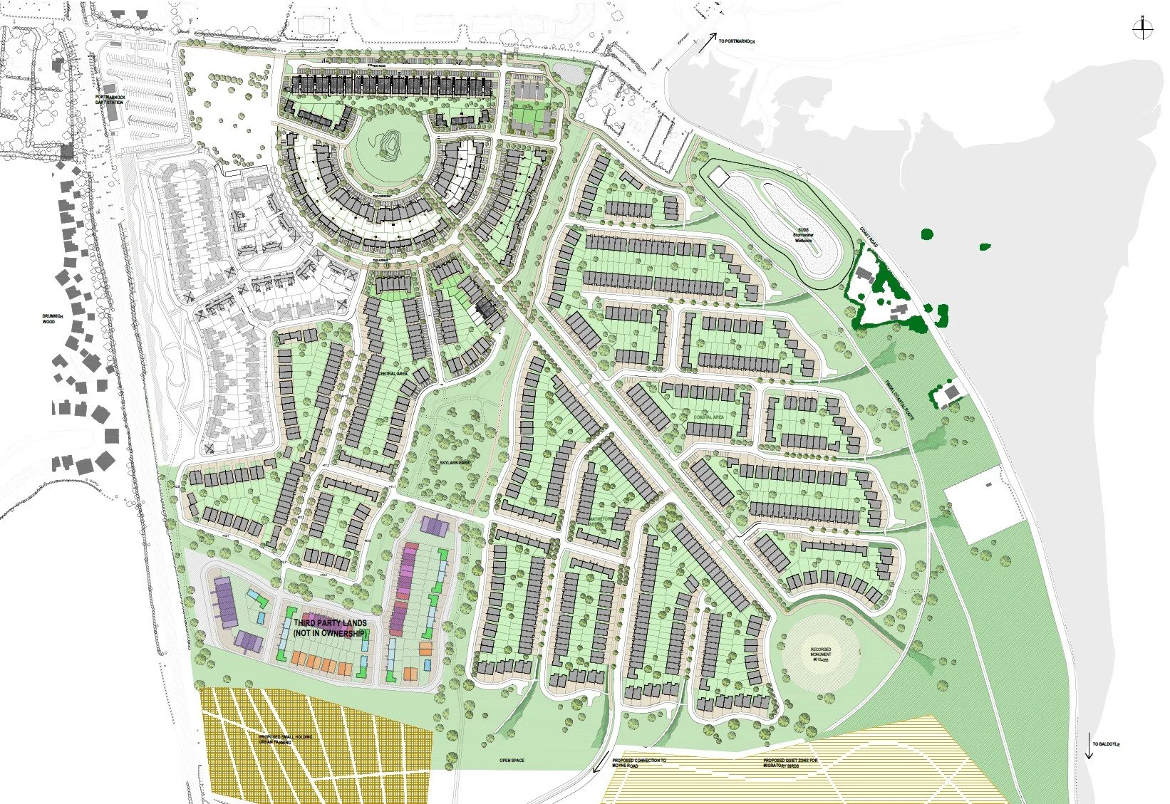 A detailed master plan of a residential community featuring various housing types, green spaces, parks, a sports field, and roadways, with labels indicating different zones and land uses.