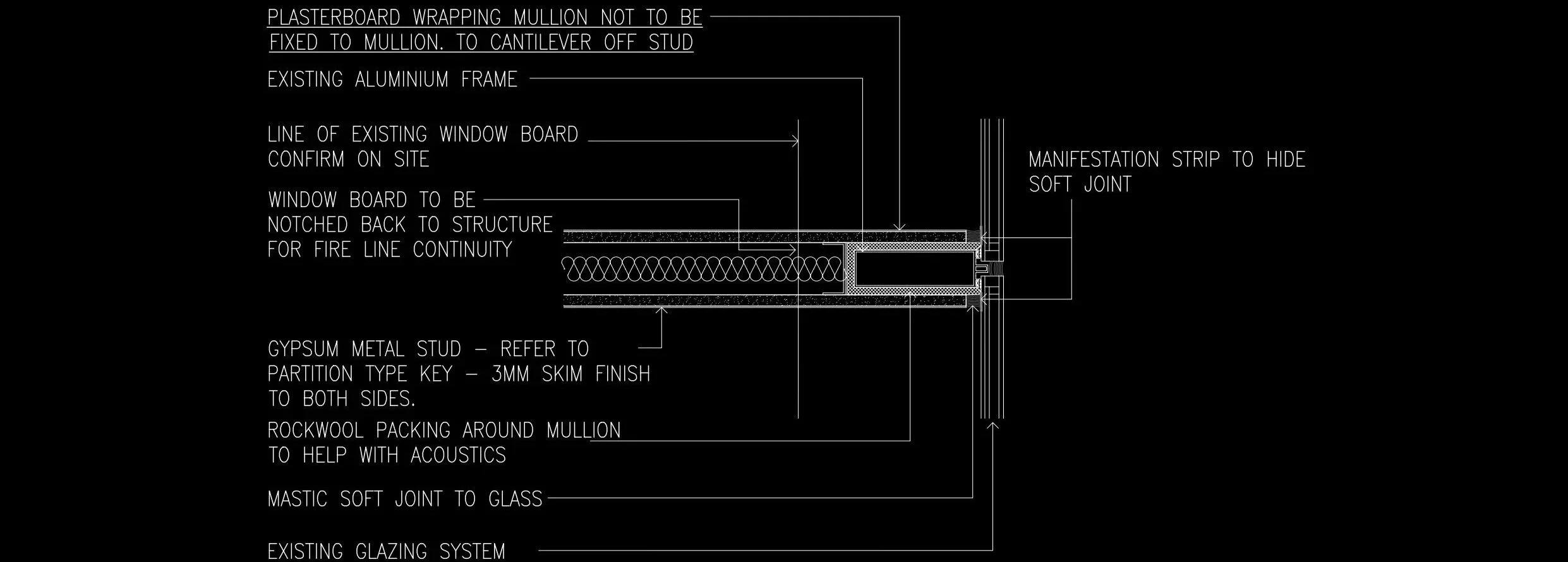 Technical drawing of a window installation, showing layers and components such as plasterboard, mullion, aluminum frame, window board, insulation, metal stud, rockwool, soft joint, glazing system, and detailing for fire line continuity and acoustics.