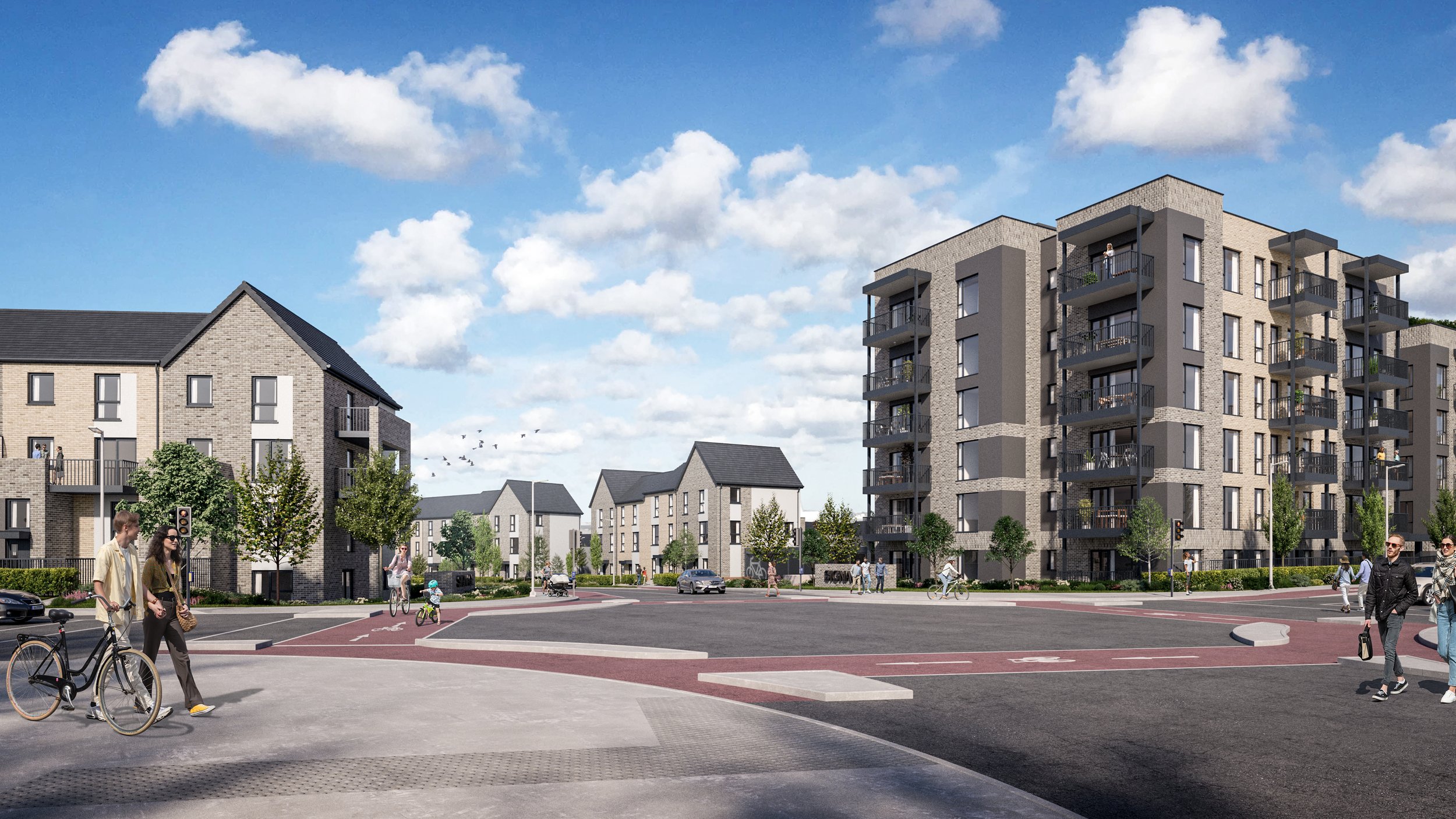 Urban residential area with multi-story apartment buildings, townhouses, trees, and people walking and biking on sidewalks and crosswalks on a sunny day with blue sky and some clouds.