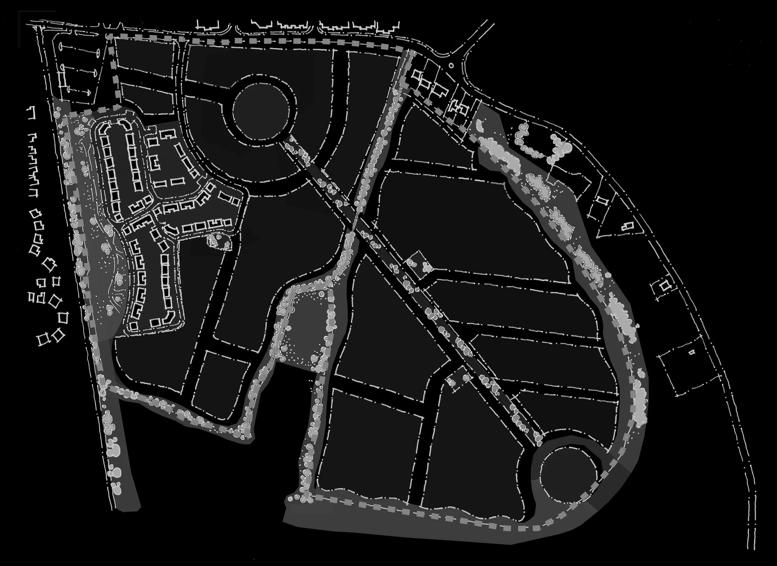 Gray and white map layout of a residential neighborhood with roads, houses, and green spaces on a black background.
