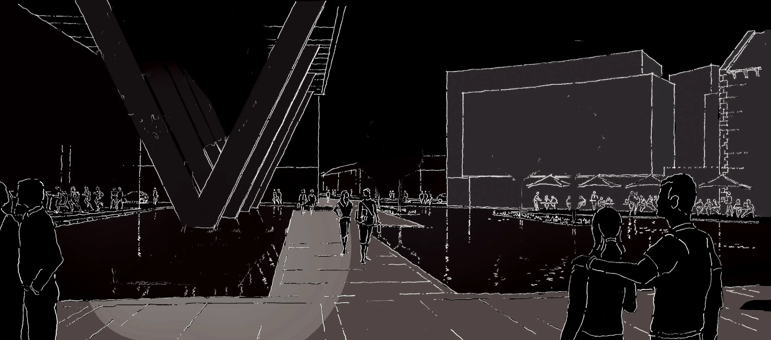 Nighttime sketch of an outdoor urban scene with people walking and sitting at cafes, modern buildings, and large architectural structures.