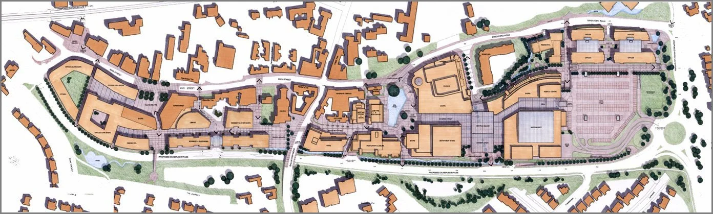 A detailed masterplanning map of an urban area showing buildings, roads, parking lots, green spaces, and pathways.