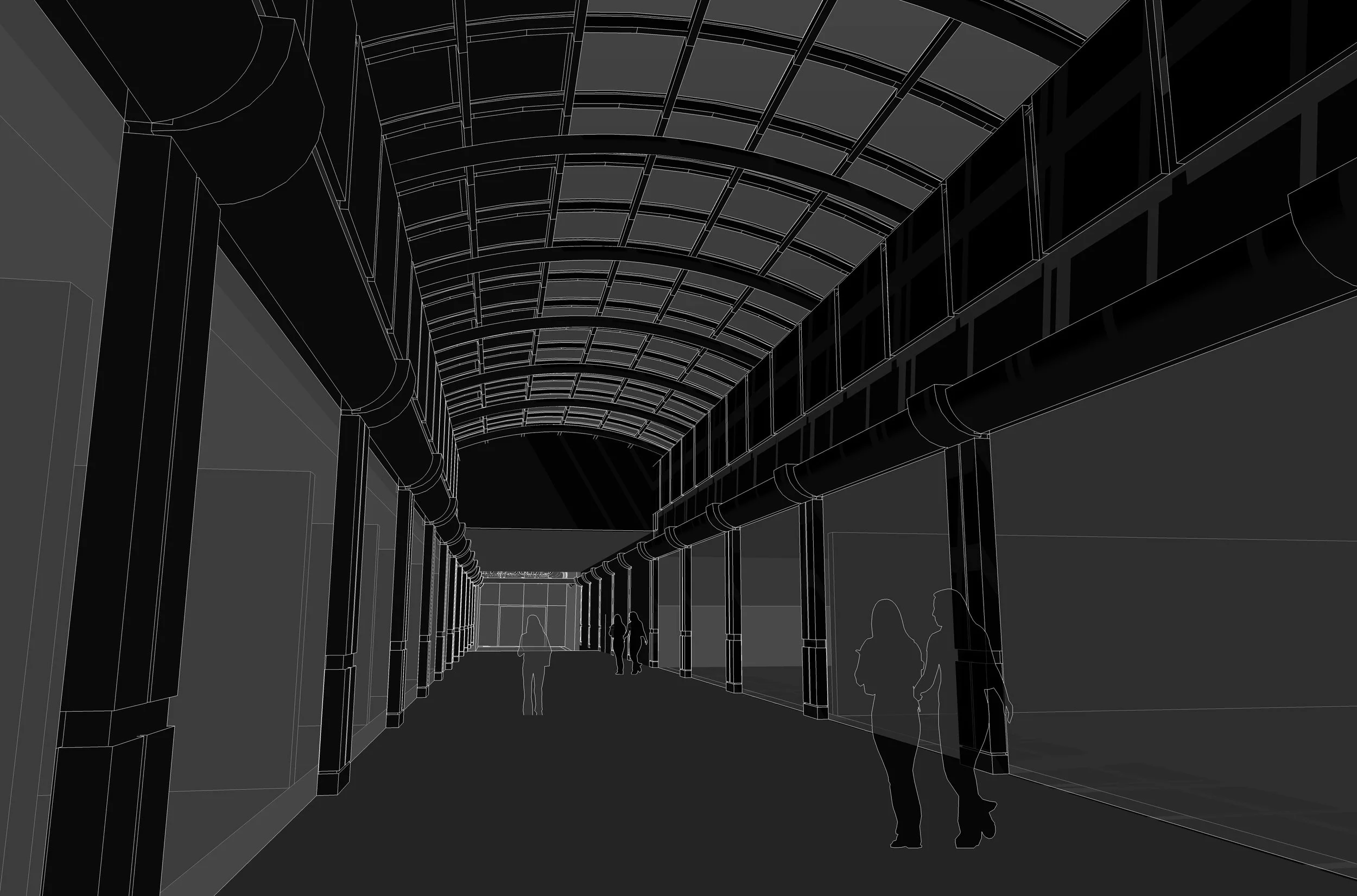 Line drawing of an indoor shopping mall corridor with people walking and storefronts on both sides.