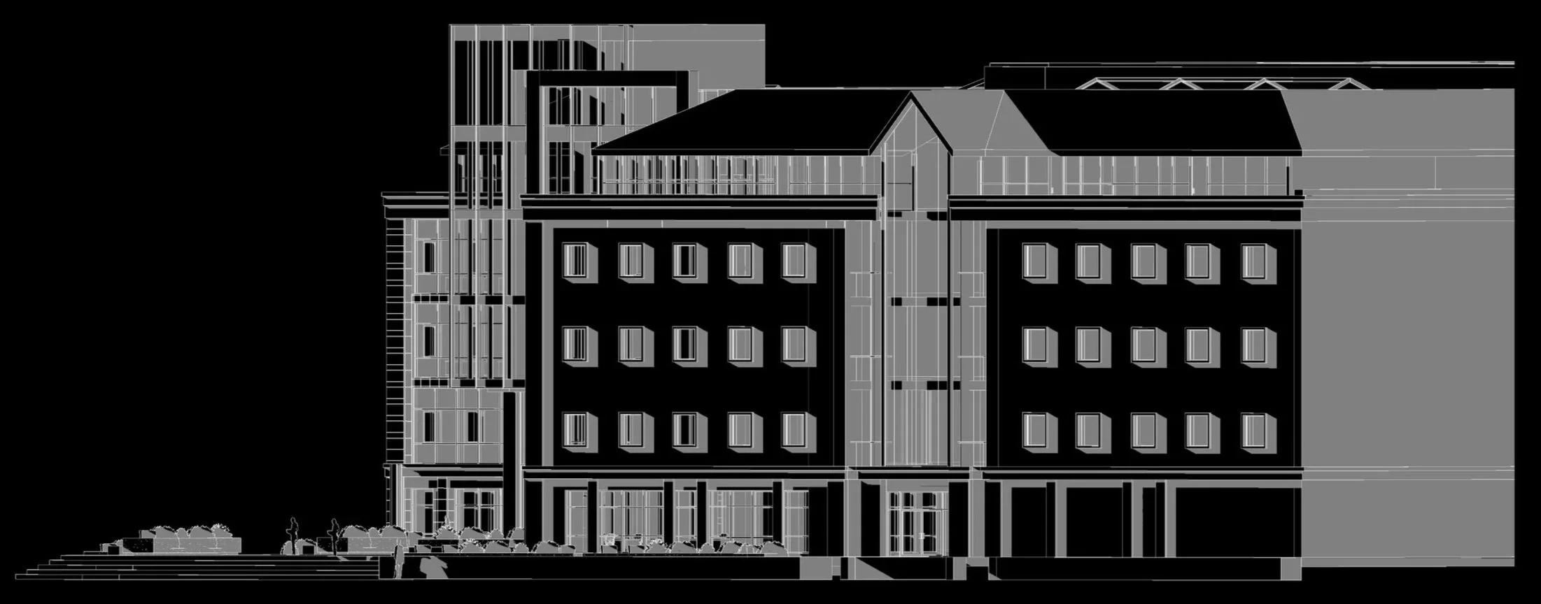 Architectural drawing of a multi-story building with various sections and windows, including landscaped area in front.