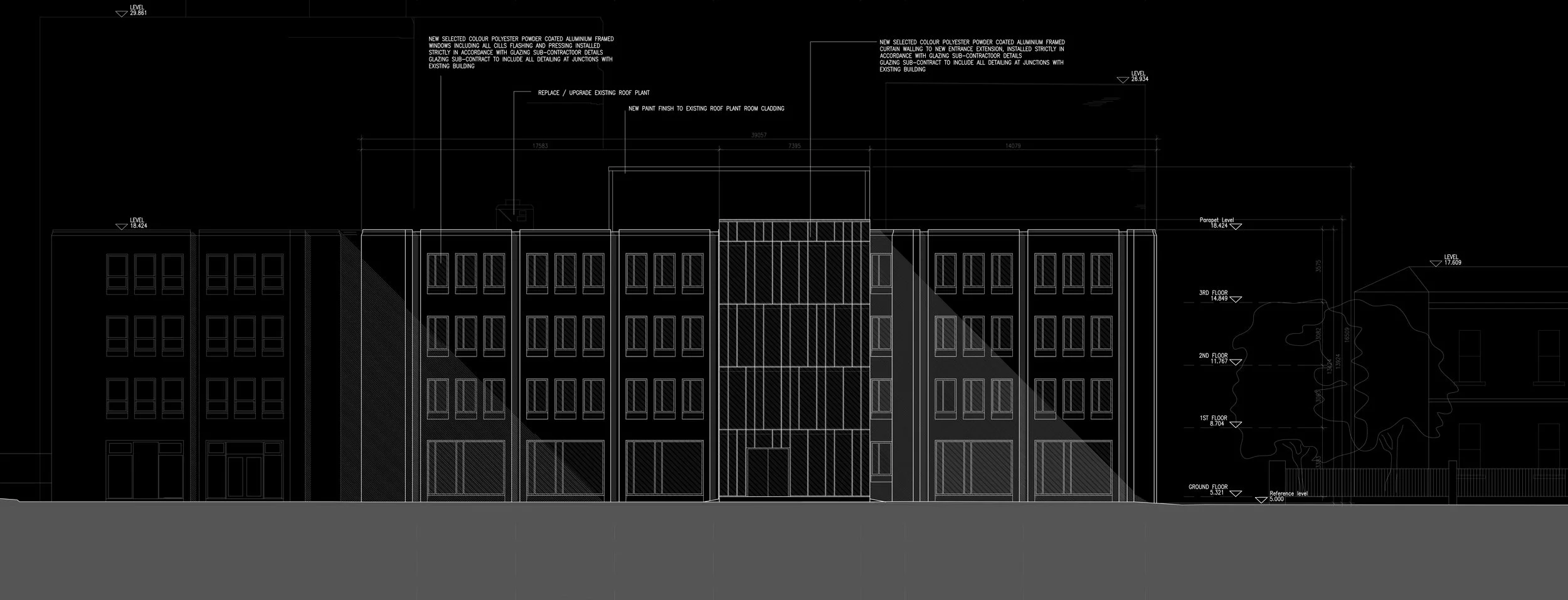 Architectural blueprint of a building elevation showing multiple floors, windows, and annotations for construction details.