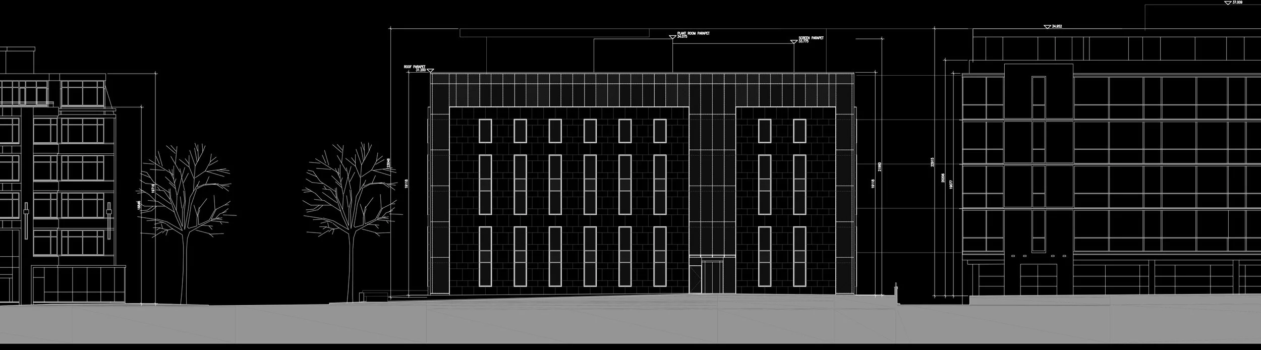 Architectural blueprint drawing of a building and surrounding structures on a black background.
