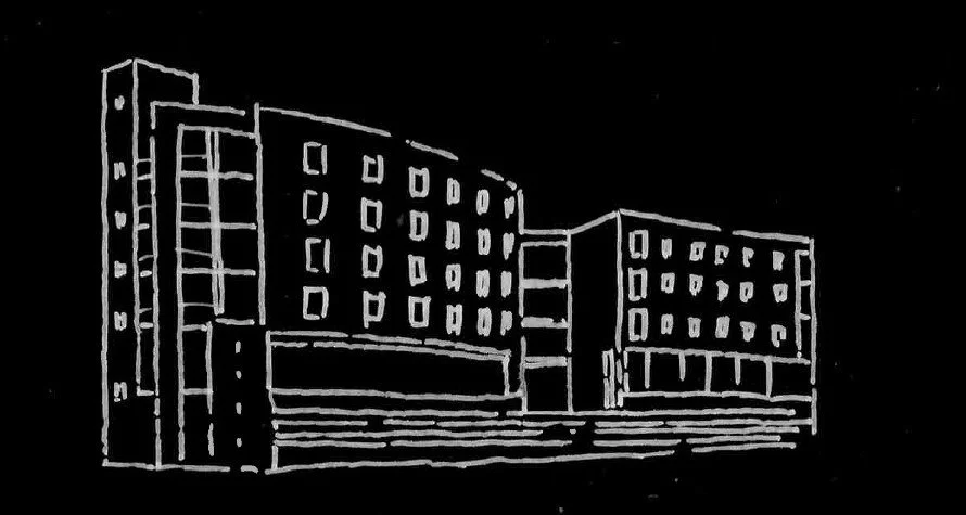 Black and white sketch of a modern multi-story building with numerous windows.