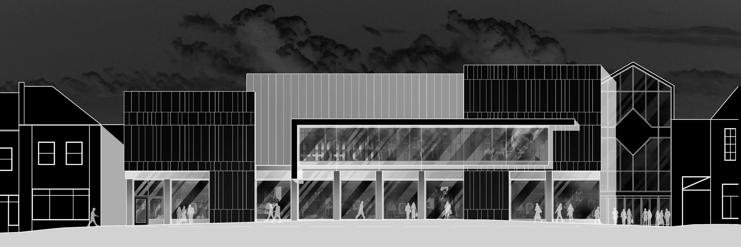 Black and white architectural sketch of a modern building with large glass windows, surrounded by smaller traditional buildings, with people walking in front and clouds in the background.