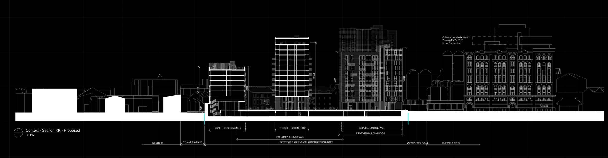 A detailed architectural drawing of a cityscape showing various building outlines, heights, and proposed extensions, with annotations and measurements.