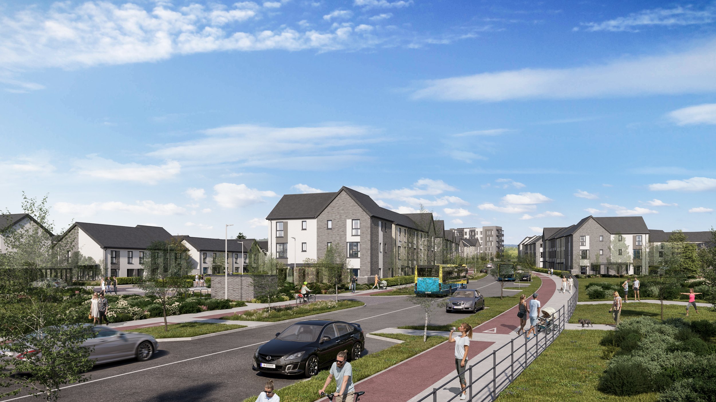 Modern residential neighborhood with multi-story apartment buildings, green landscaping, walking and biking paths, and people enjoying outdoor activities on a sunny day with blue sky and scattered clouds.