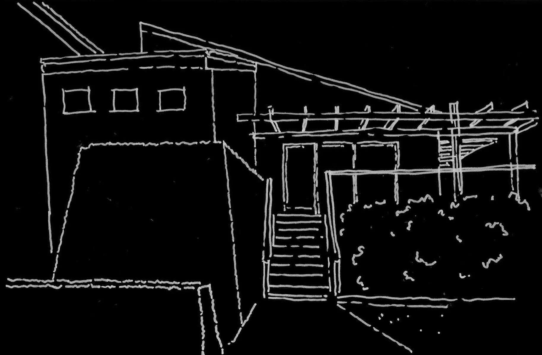 Architectural sketch of a multi-level house with front porch, stairs, and sloped roof, drawn with white lines on black background.