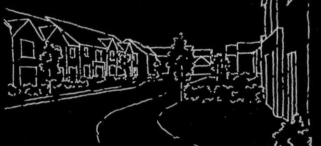 Line drawing of a suburban street with houses on the left and trees, shrubs, and a building on the right, featuring a curved road.