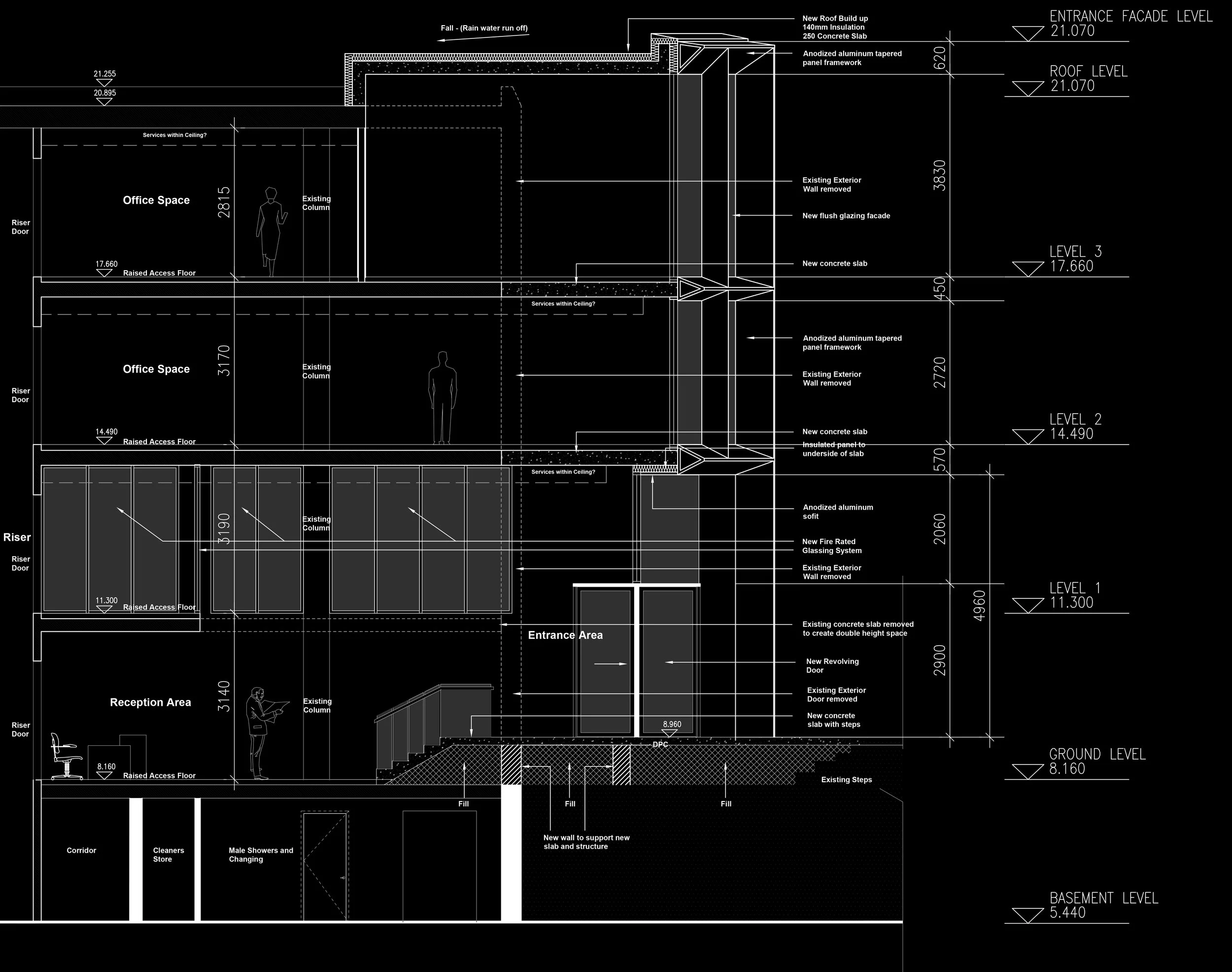 Architectural blueprint of a multi-story building showing ground floor, upper levels, basement, and detailed structural features with dimensions, labels for office space, reception, entrance area, and various construction notes.