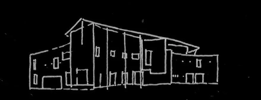 Line drawing of a modern house with multiple sections, windows, and a slanted roof.