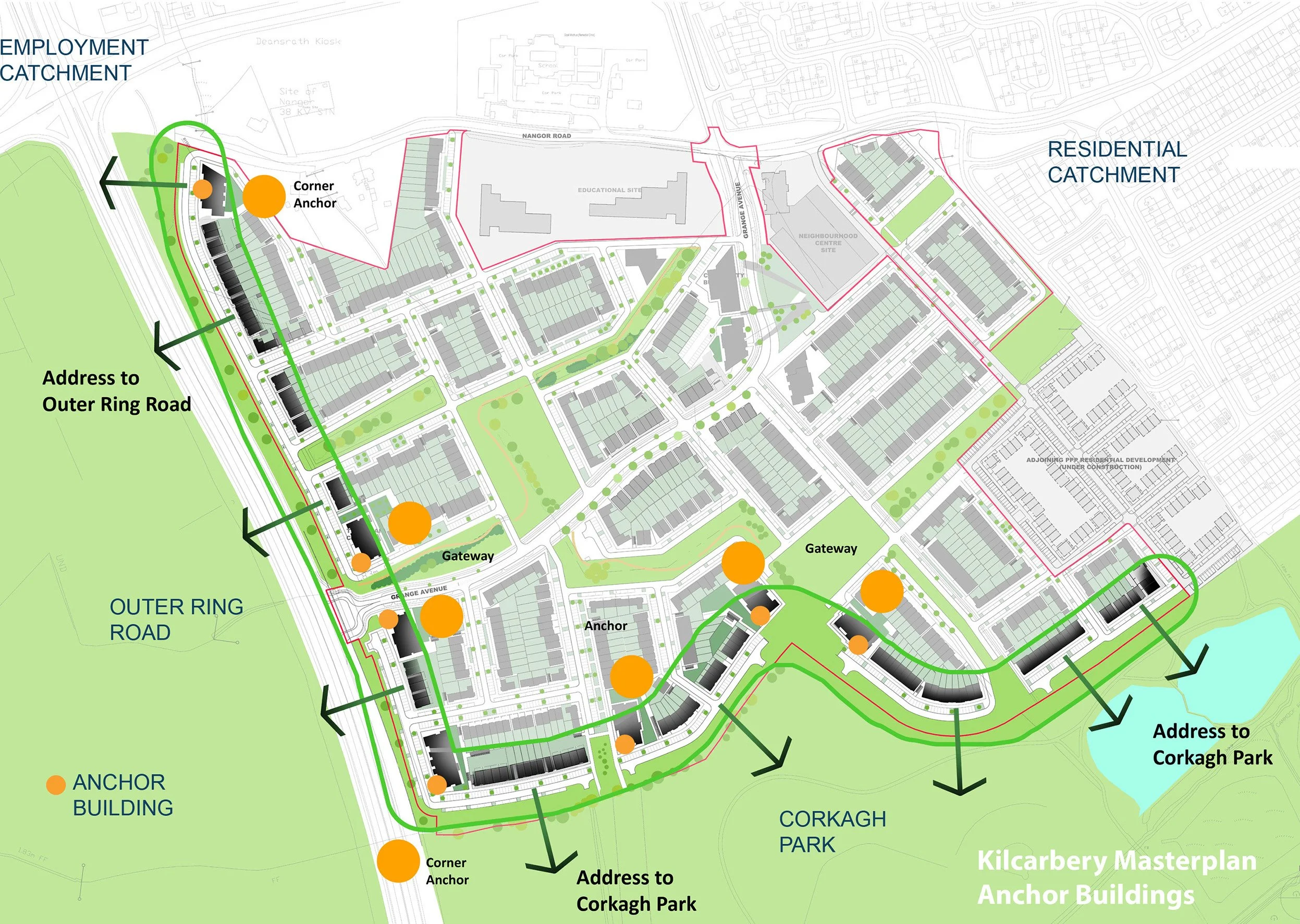 Map of Kilcarbery Masterplan showing anchor buildings marked with orange circles, pathways, porches, and gates, with directions to Corkagh Park and outer ring road, green spaces, and residential and employment catchment areas.