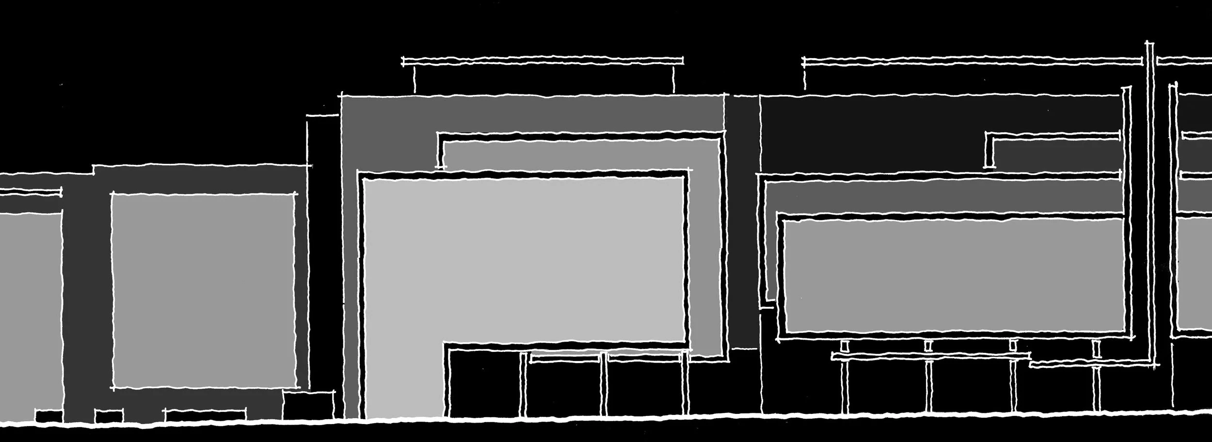 Line drawing of modern building facade with rectangular windows and structural details on black background.
