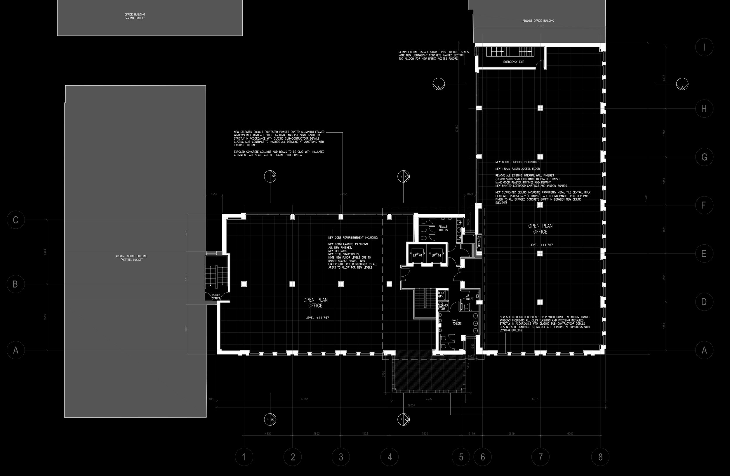 Architectural blueprint of an office building floor plan showing rooms labeled as 'Open Plan Office', 'Toilets', and staircases, with dimensions and technical notes.