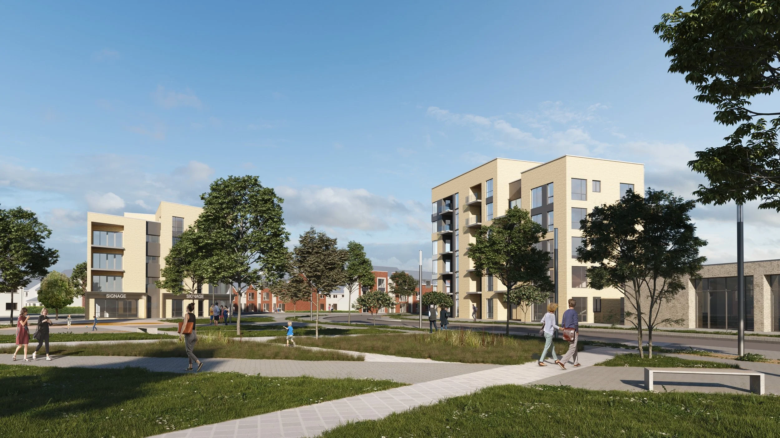 A modern residential complex with multi-story apartment buildings, surrounded by green trees, landscaped grass, and walkways. Several people are walking around the area, with some children playing, under a blue sky with scattered clouds.