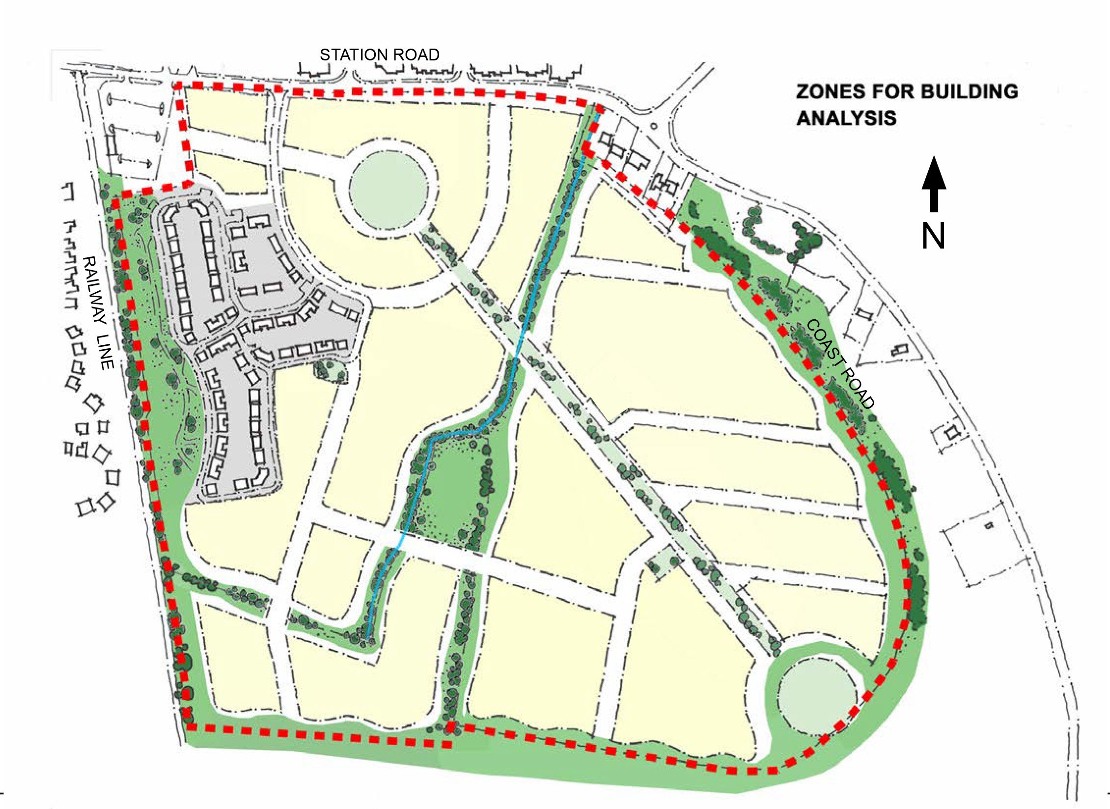 Site plan of a residential area with zones for building analysis outlined by a red dashed line, streets labeled 'Station Road' and 'Coast Road,' a railway line on the left, and green spaces including parks, trees, and waterways.