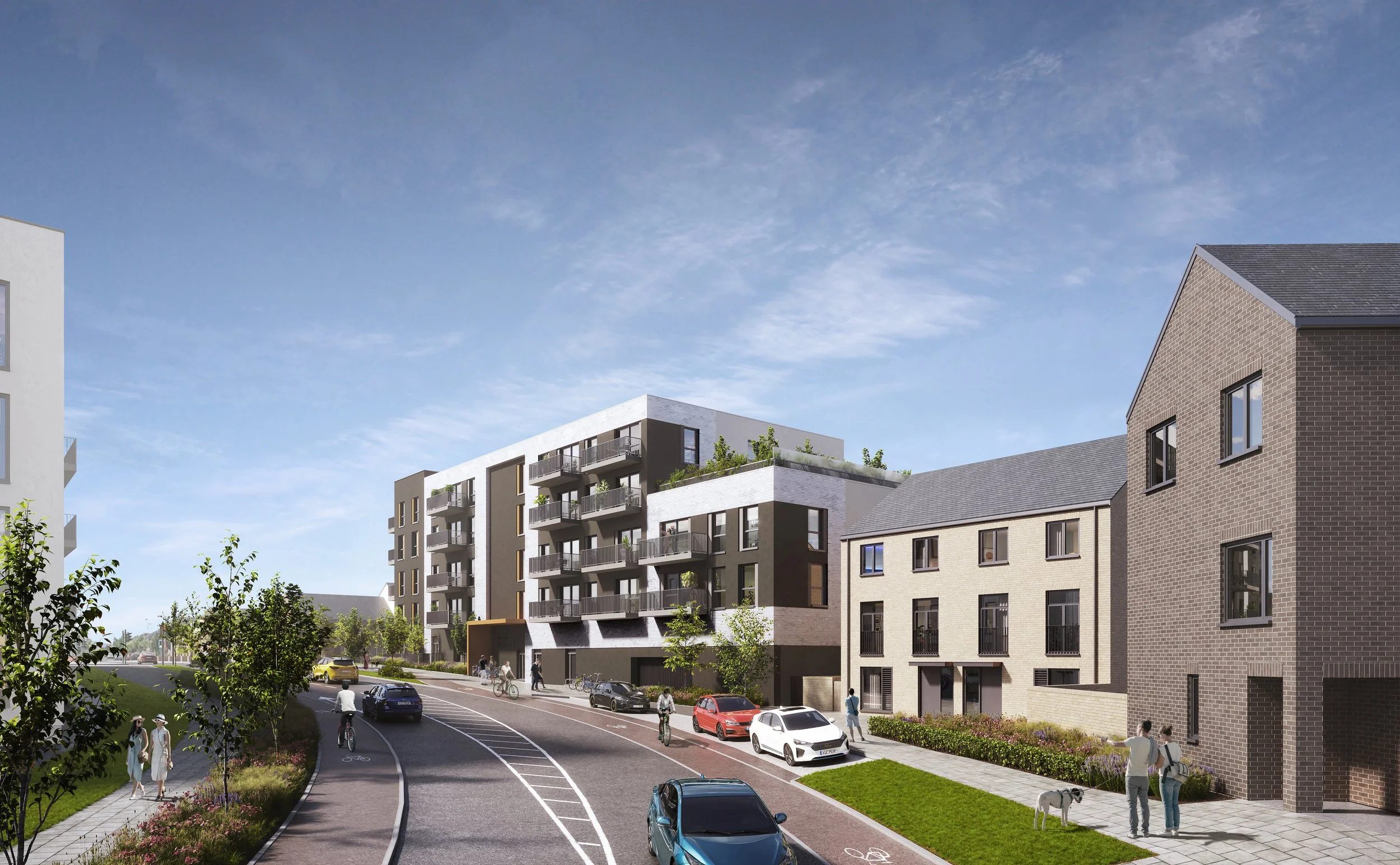 A modern residential street with multi-story apartment buildings, parked cars, and pedestrians walking along the sidewalk on a sunny day.