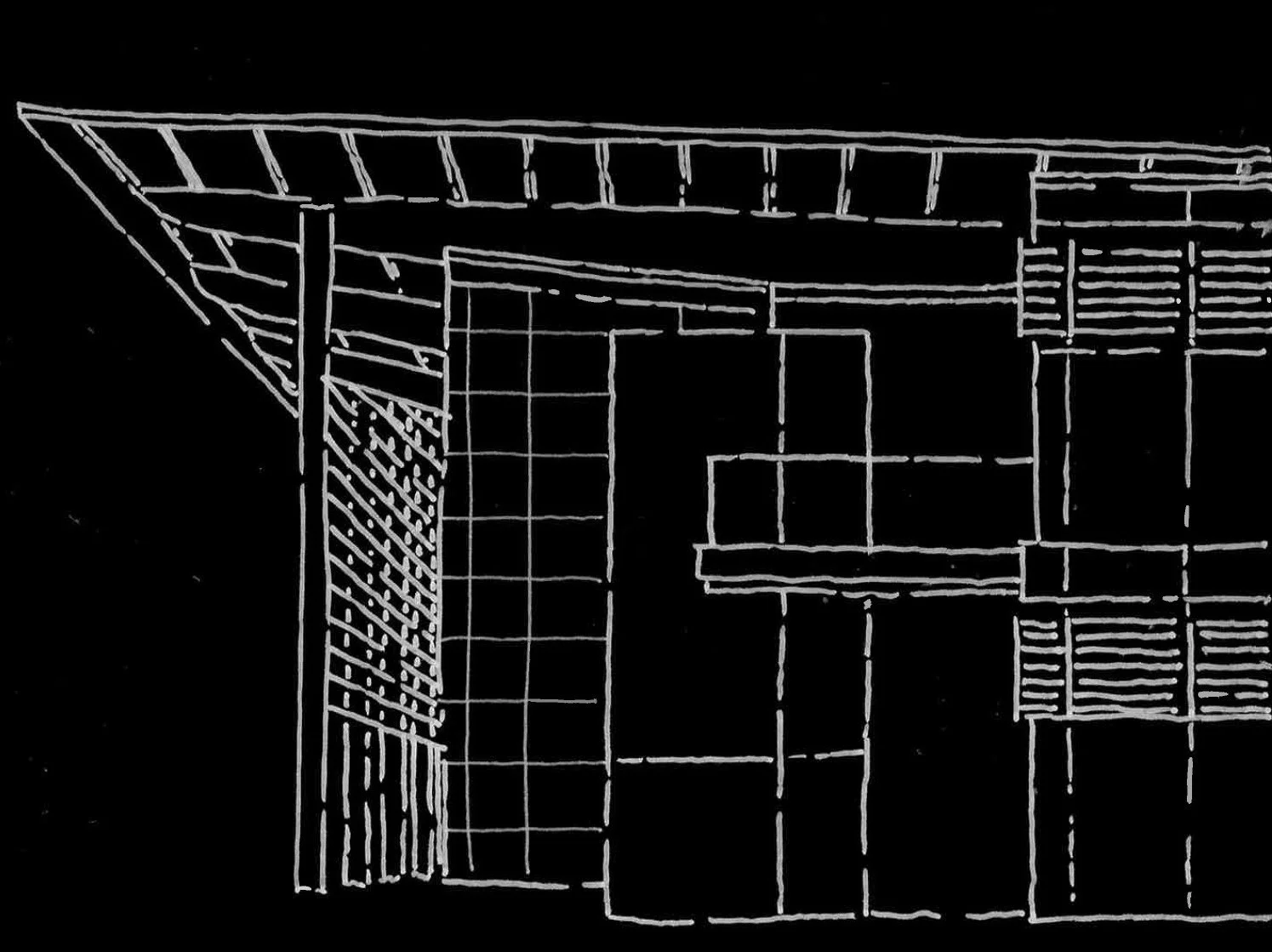 White line drawing of a building's architectural blueprint on a black background, showing structural details and layout.