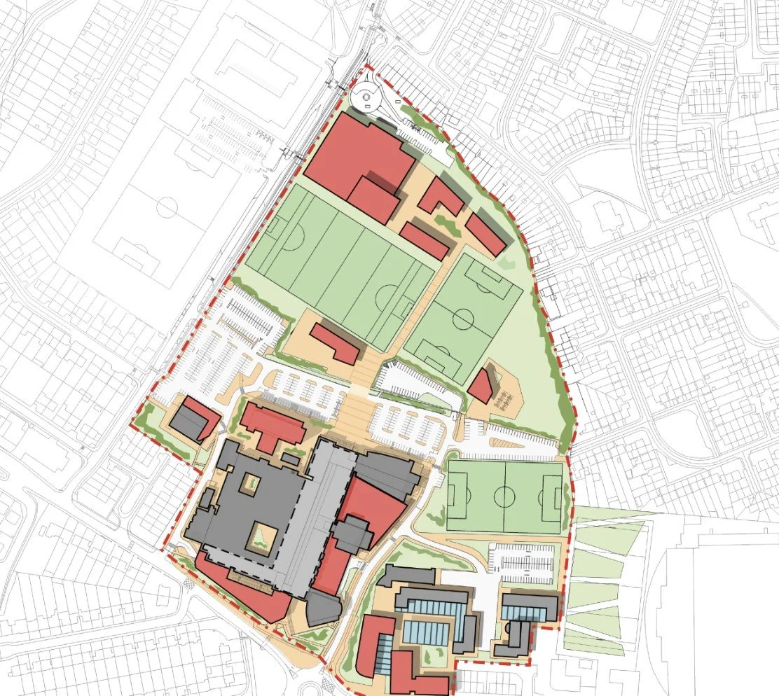 masterplan of a school campus with multiple sports fields, buildings, parking lots, and landscaped areas, enclosed by a red dashed boundary line.
