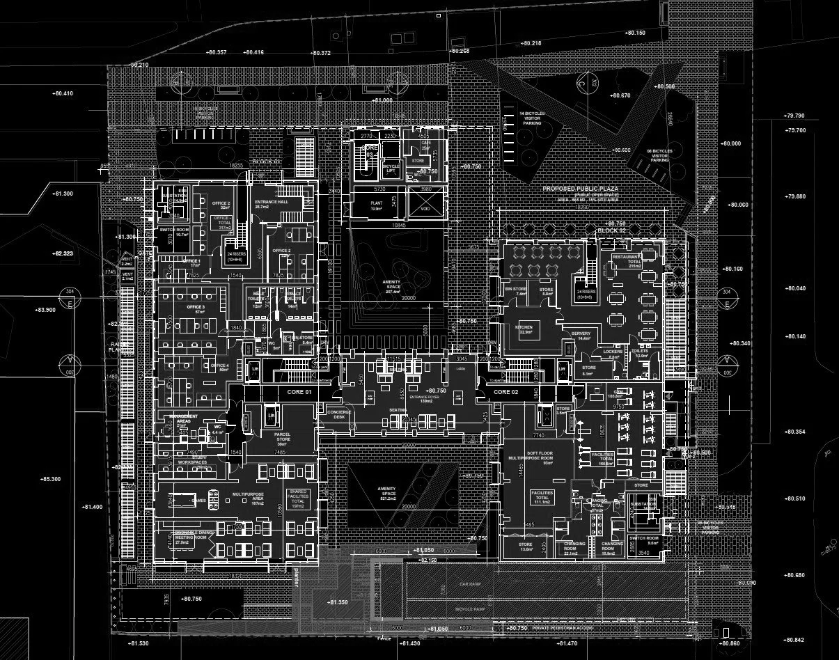 Architectural blueprint of a building floor plan with various rooms, hallways, and outdoor areas labeled with measurements.