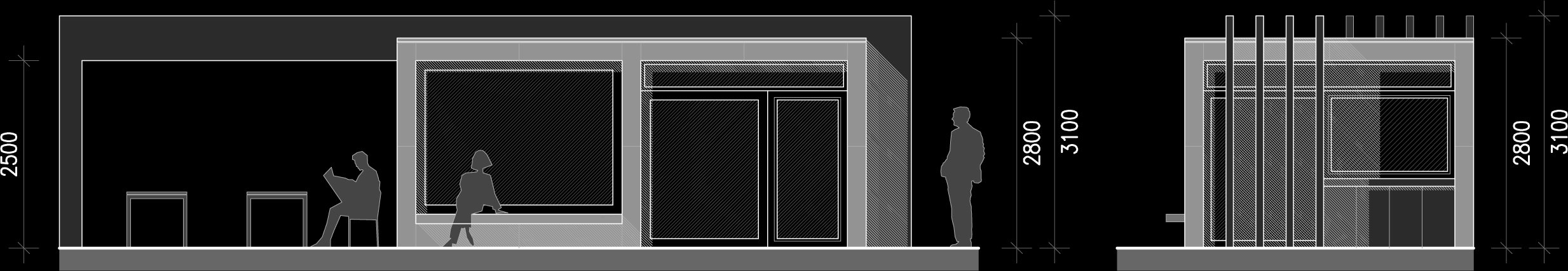 Architectural blueprint of building interior and exterior elevations with measurements in millimeters, showing walls, windows, doors, and structural elements