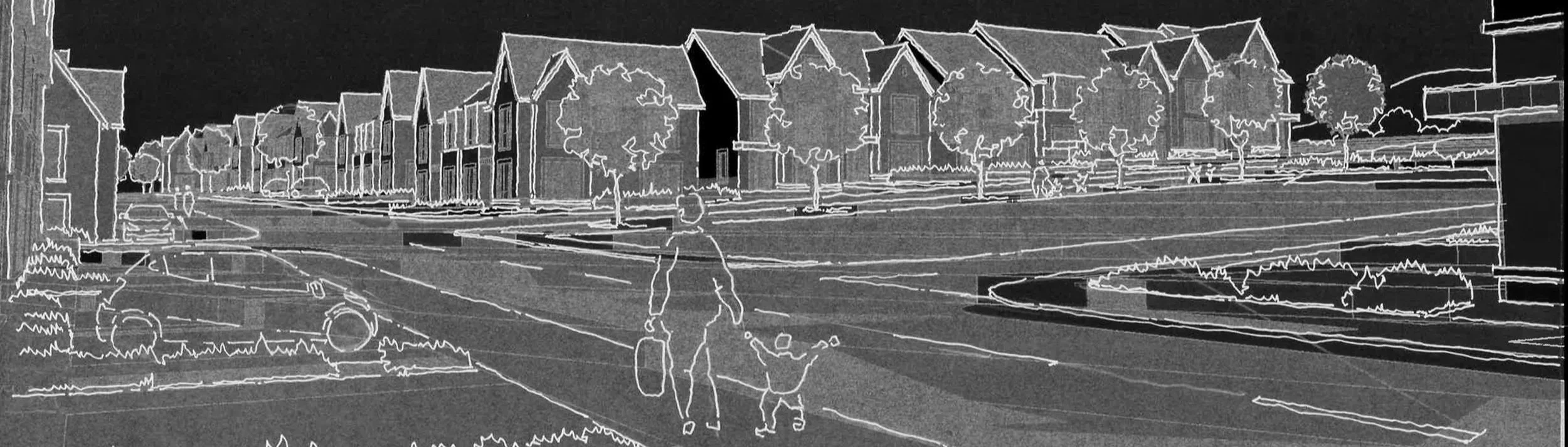 Line drawing of a suburban street scene with houses, trees, a person walking a dog, and parked cars.