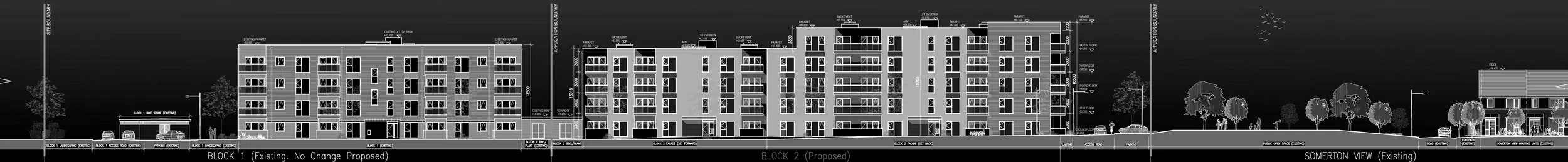 Architectural blueprint of a multi-story residential building and surrounding landscape, including trees, cars, and a commercial building.