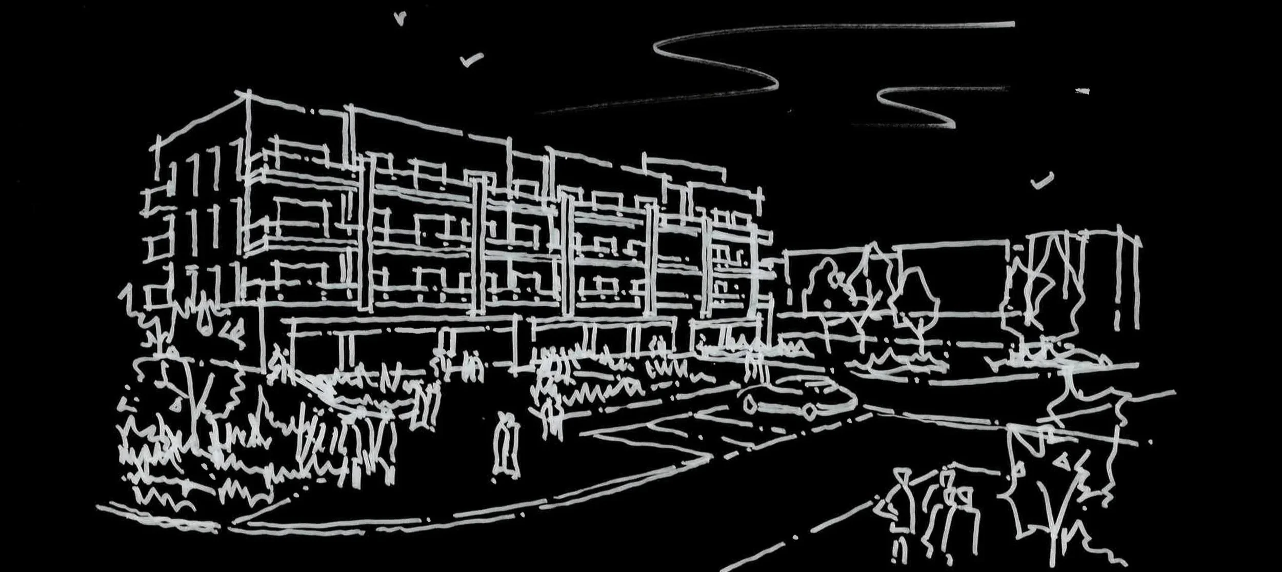 Line drawing of a modern multi-story building with a plaza in front, featuring people walking and engaging outside on a dark background.