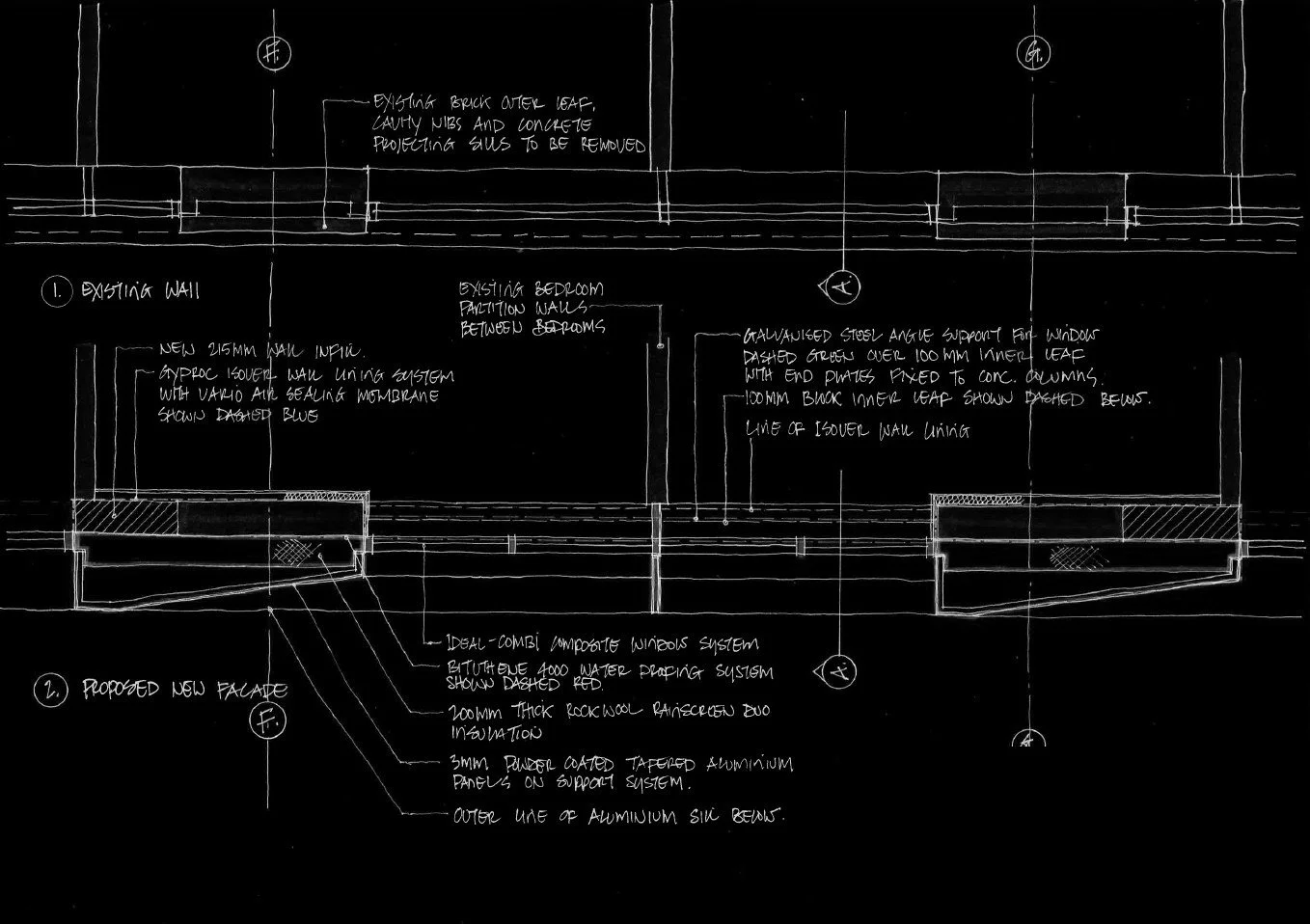 A technical architectural blueprint on black background with white lines and handwritten notes detailing building construction and modifications.