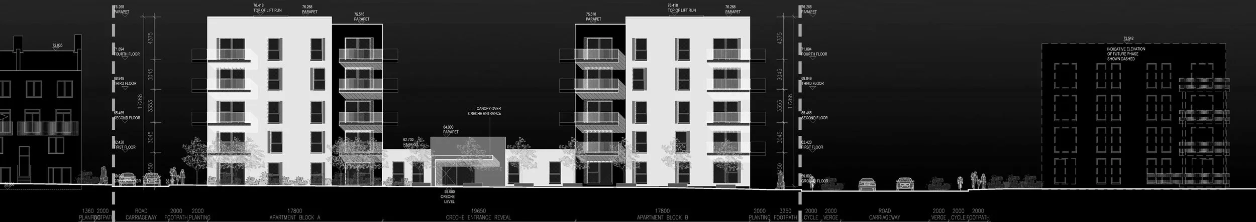 Black and white architectural blueprint of a multi-story residential building, showing elevations, dimensions, and structural details.