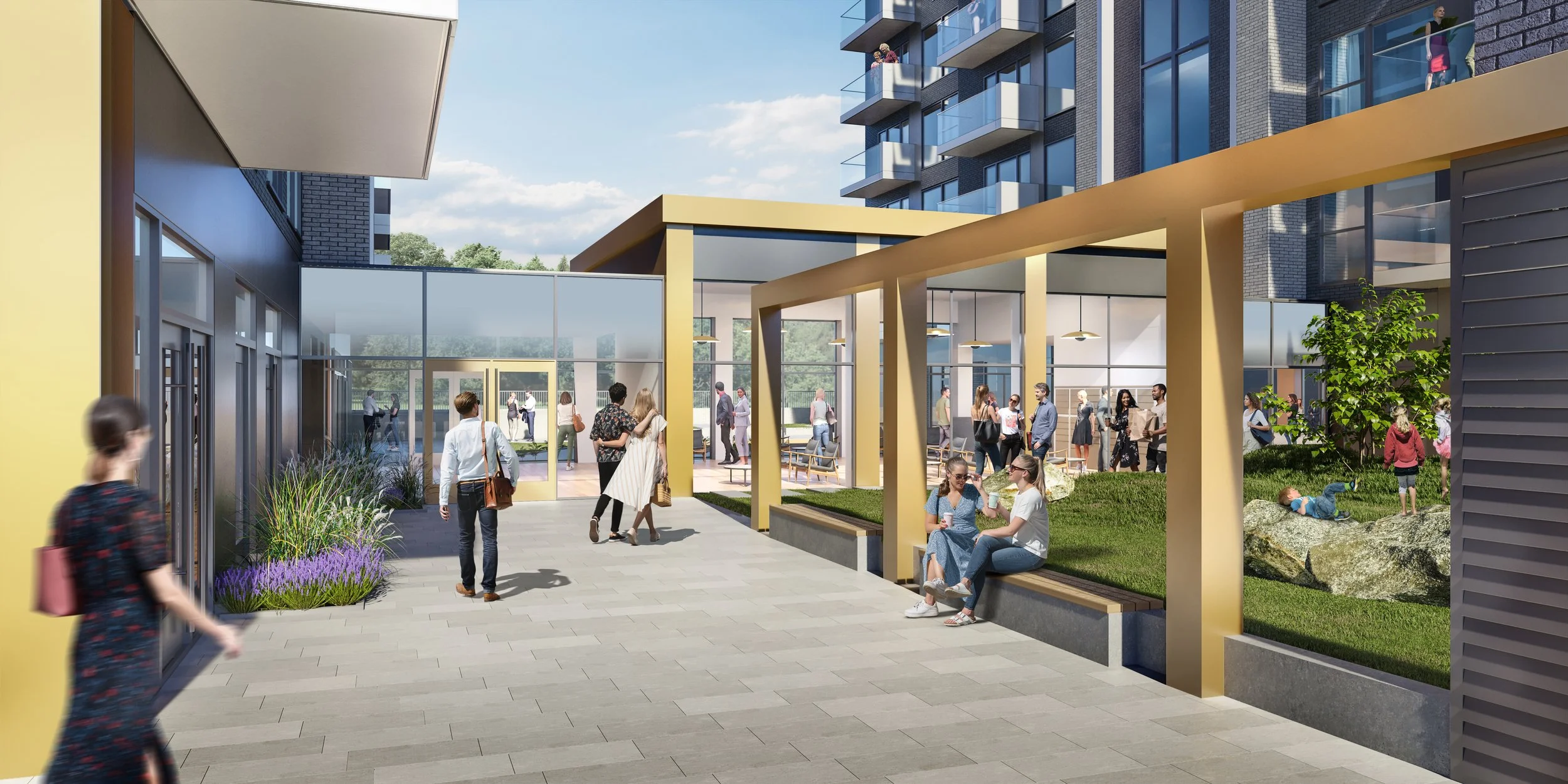 Outdoor communal space at a modern residential complex with people walking, sitting, and socializing, featuring grassy areas, benches, and a glass entrance door.