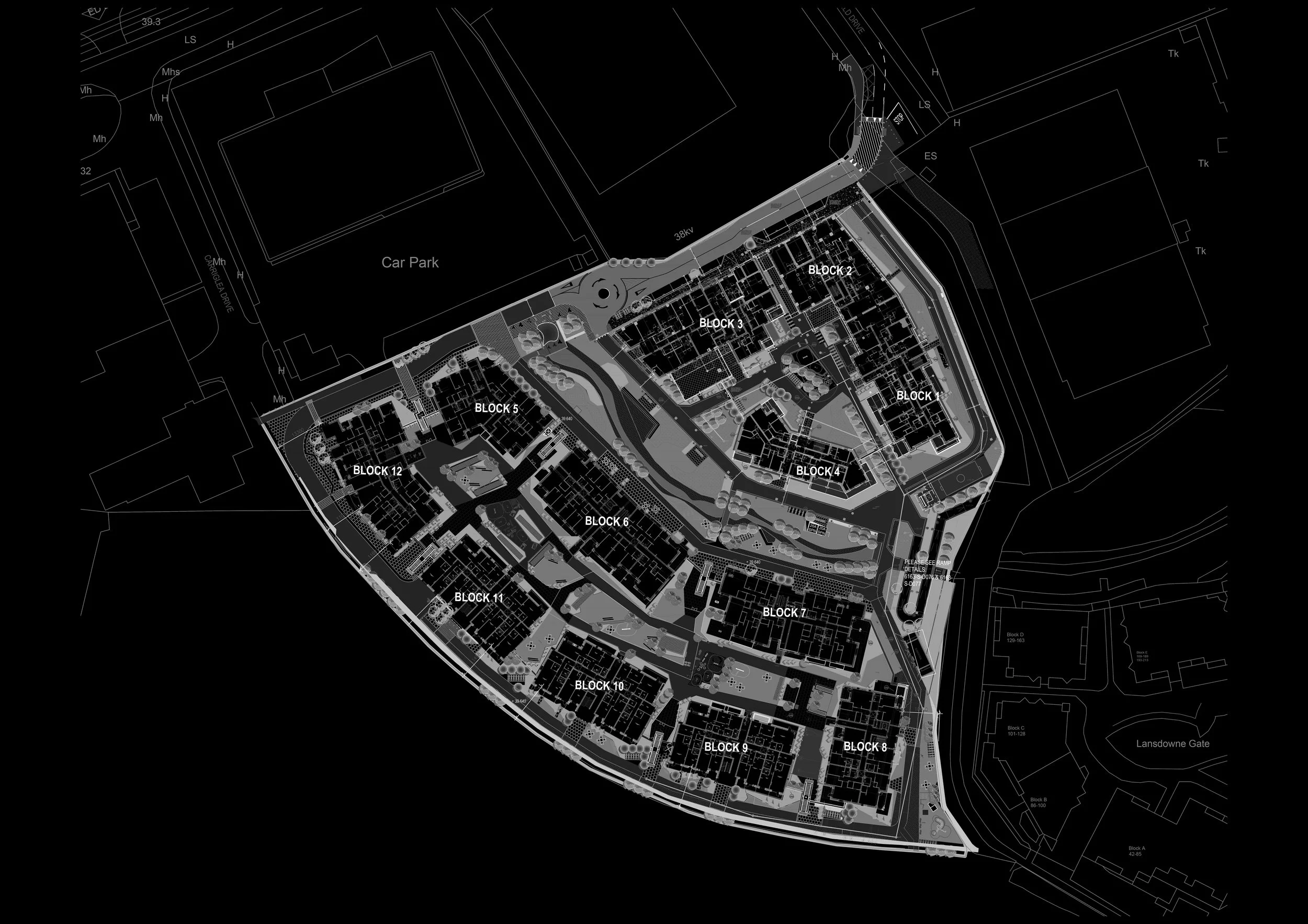 A detailed architectural site layout of a residential complex with multiple labeled blocks, pathways, parking areas, and surrounding landscape features on a dark background.