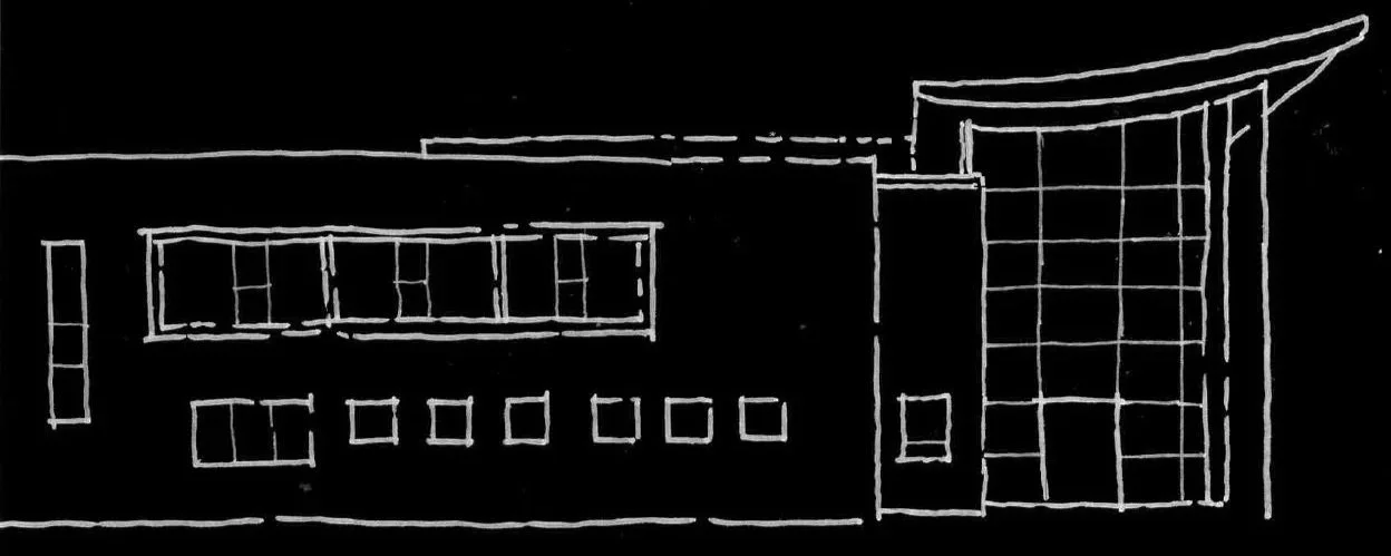 White architectural line drawing of a modern building on black background, featuring multiple rectangular windows and a curved glass facade.