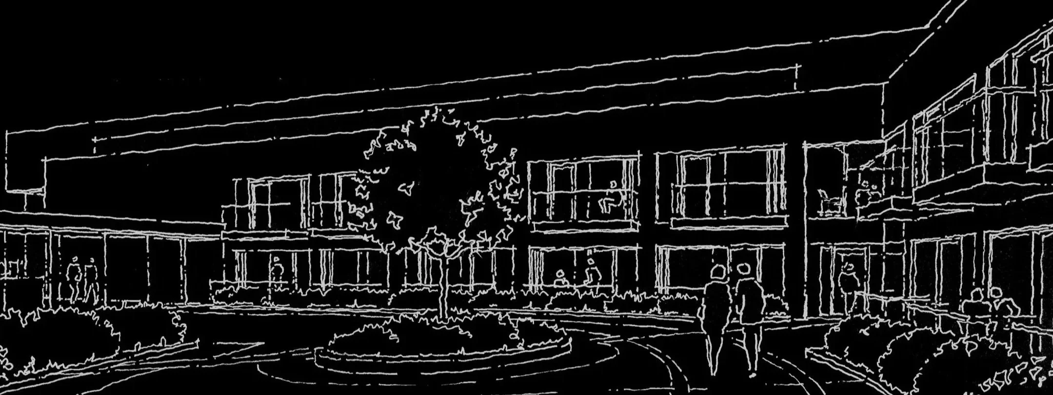 Outline drawing of a modern shopping mall or commercial building exterior with people walking around, large glass windows, and a central courtyard with a tree.