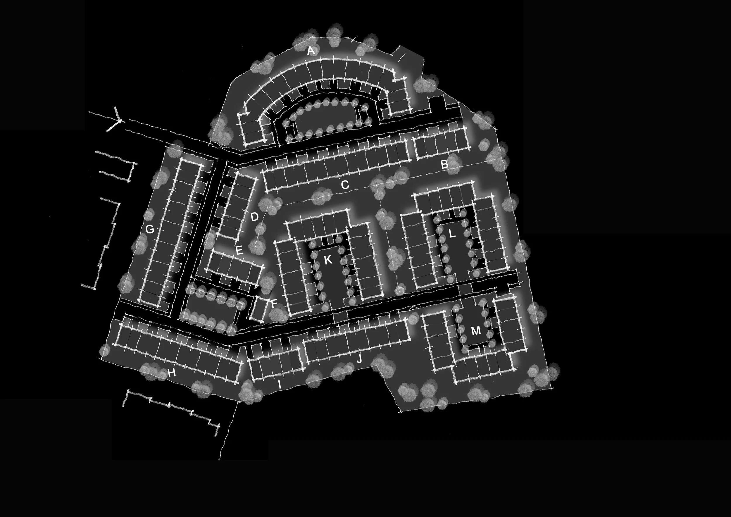 A detailed black and white map of a residential complex showing parking lots, buildings labeled with letters, and surrounding trees with designated areas.