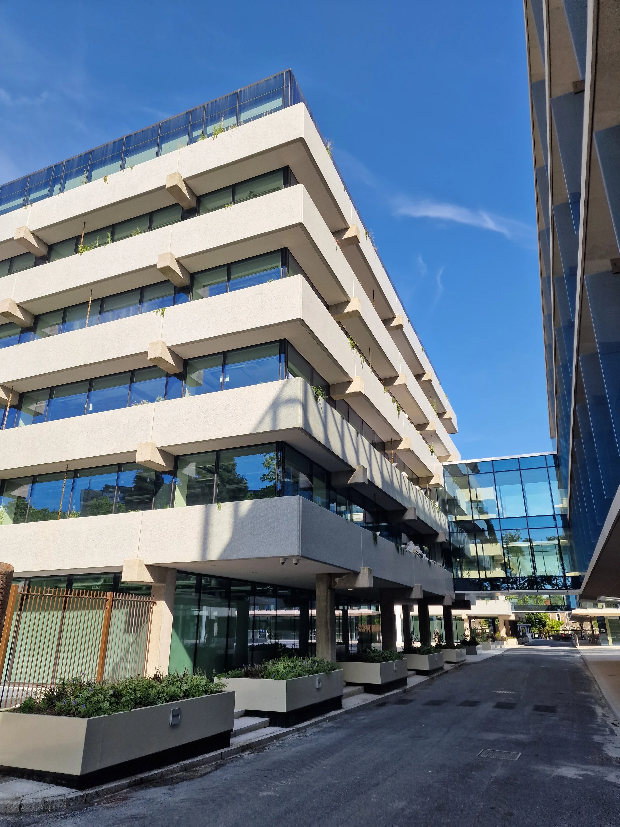 A modern multi-story office building with large glass windows and white balconies, situated on a paved street with planters and greenery, under a blue sky.
