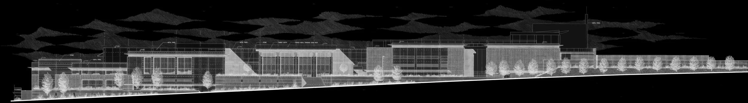A blueprint-style digital drawing of a modern building complex with trees along the front and cloudy sky in the background.