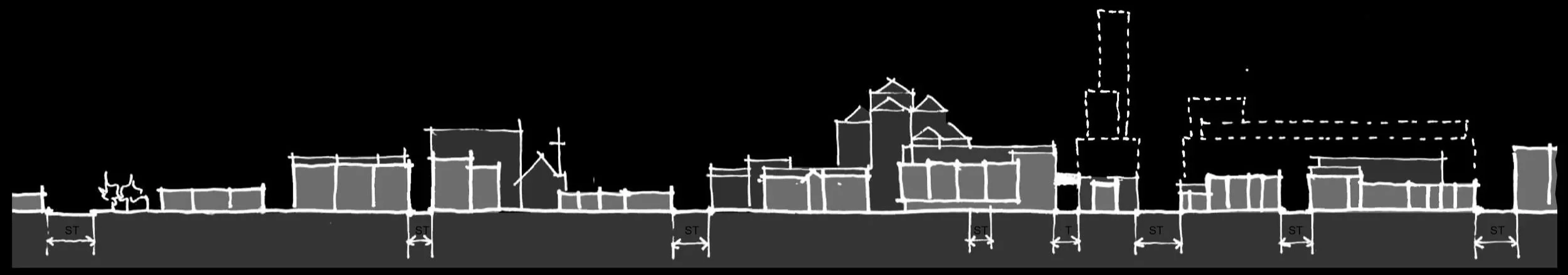 Black and white sketch of a city skyline with various buildings, roads, and measurements.