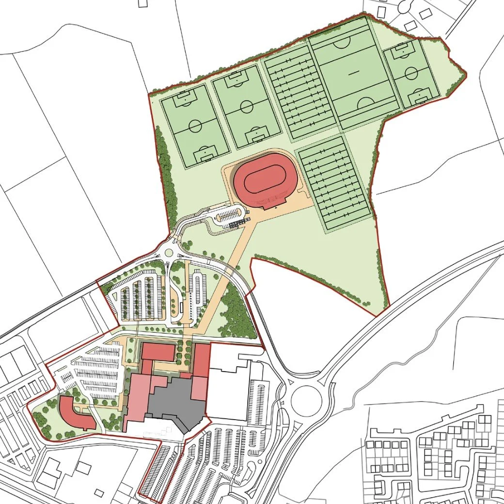 masterplan illustration of a sports complex featuring multiple soccer fields, football fields, tennis courts, an athletics stadium, a large building, parking lots, and surrounding roads and landscaping.